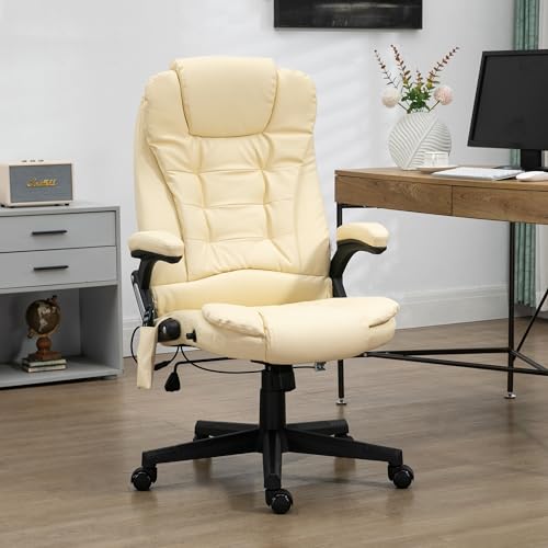 Image of HOMCOM High Back Vibration Massage Office Chair with 6 Vibration Points, Heated Reclining PU Leather Computer Chair with Armrest and Remote, Beige
