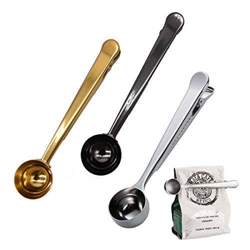 Liwein Cuchara Medidora para Caf,3 Piezas Cuchara de Caf Acero Inoxidable con Pinza para Granos de Caf Leche en Polvo T Azcar(Oro Negro Plata)