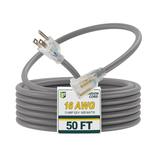 EP 50 Ft 16/3 SJEOW Heavy Duty Extension Cord, Grey Power Cable with LED Lighted Plug & 3-Prong Grounded Plug, Water-Resistant for Indoor/Outdoor Use, Lawn, Garden, Appliances & Tools