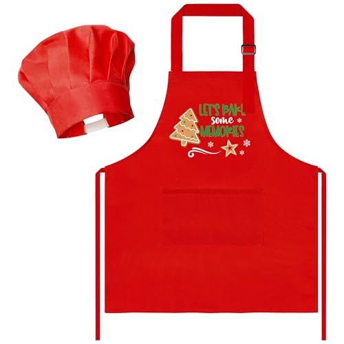 R HORSE Christmas Kid Apron and Chef Hat Set, 2Pcs Adjustable Children Xmas Red Kitchen Apron Dress up Role Play Chef Toy Cooking Baking Painting and Training Kits Christmas Gift for Kids