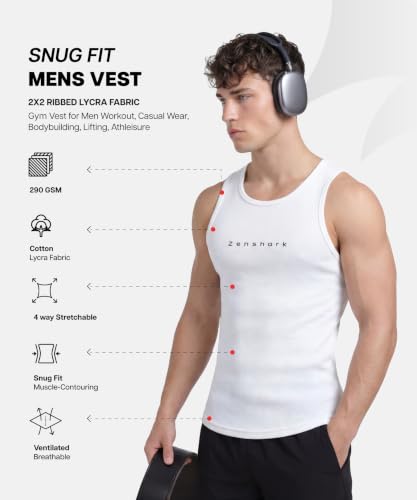 Image of ZENSHARK Gym Vest for Men | Sleeveless T Shirt Sando Tank Top | 2x2 Ribbed Cotton Lycra Ribbed Vest | Round Neck Slim Fit 4 Way Stretch | Sleeveless Gym T Shirt for Workout Training