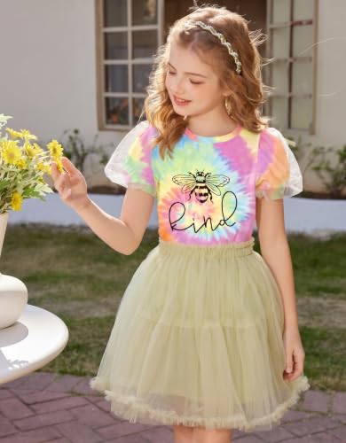 Image of Arshiner Girls Shirts Mesh Puff Short Sleeves Tops Cute Print Kids Tees