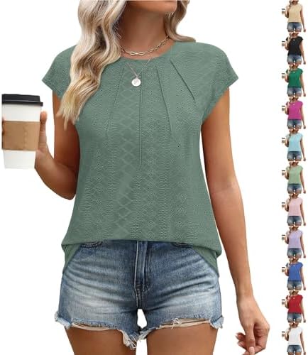 Womens Tops Short Cap Sleeve Eyelet Crew Neck Blouses Dressy Front Pleated Cap Sleeve Classic Tee Hollow Out Clothes