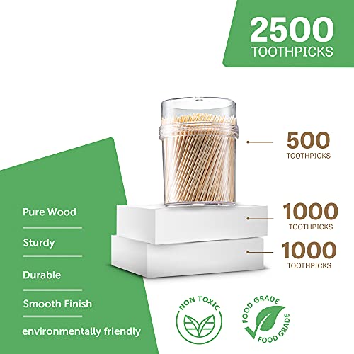Prestee 2500Ct Wooden Toothpicks + Reusable Toothpick Holder Container | Sturdy Smooth Finish Bamboo Tooth Picks Party Cocktail Picks, Toothpicks For Appetizers Toothpicks Wood #TOP1
