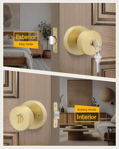 Image of Goldenwarm Gold Door Knobs Entry, Zinc Alloy Brushed Gold Door Knobs with Lock and Key, Front Door Lock for Exterior or Interior, Adjustable & Reversible (1 Pack)