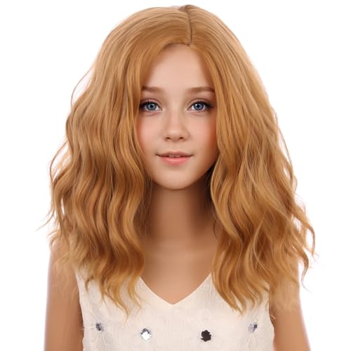Image of PATTNIUM Strawberry Blonde Wig for Kids Child Short Curly Wavy Blonde Brown Wig Girl Side Part Shoulder Length Hair Synhhetic Wig