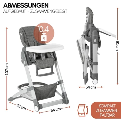 hauck Baby Hochstuhl Grow Up mit Liegefunktion ab Geburt - Babystuhl mit Tisch, Rollen, klappbar, mitwachsend und höhenverstellbar - Grau Melange