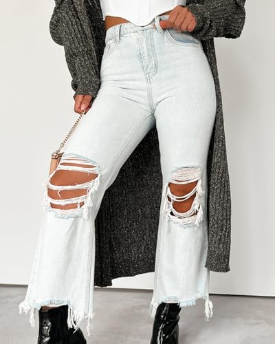 Women's High Rise Cropped Flare Jeans 90's Vintage Distress Denim Pants Fashion Button Straight Trousers4