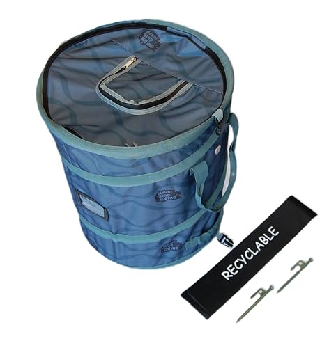RV Camping Pop-Up Collapsible Trash Garbage Can with Removable Divider Holds 2 Trash Bags Collapsible Storage with Built in air Vent and top Storage Compartment Included Hold Down Stakes. (Blue)