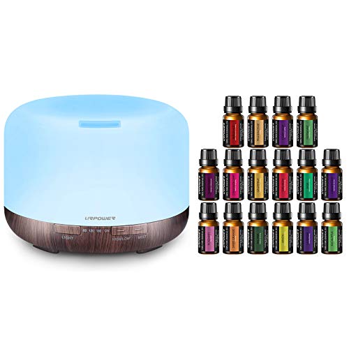 URPOWER 500ml Essential Oil Diffuser Ultrasonic Aromatherapy Diffusers,16x10ml 100% Pure Aromatherapy Essential Oil Gift Set with Lavender, Sweet Orange, Peppermint, Lemon, Rosemary, Grapefruit, etc