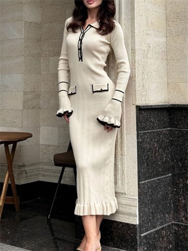 Women Elegant Knitted Mini Dress High Waist Ruffled Rib Long Sleeve Winter Banquet Dress3