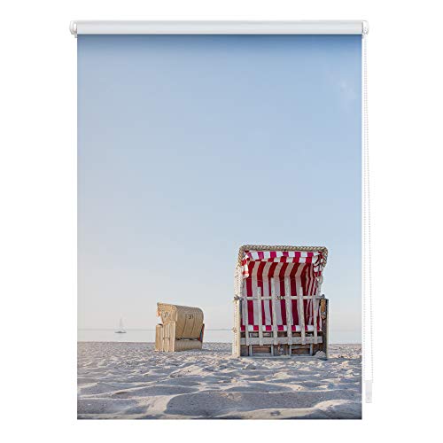 Lichtblick Klemmfix Tageslicht-Rollo mit Motiv, ohne Bohren, Blickdicht, Seitenzugrollo, Made in Germany, Strandkorb gestreift - Blau Beige 120 cm x 150 cm (B x L)