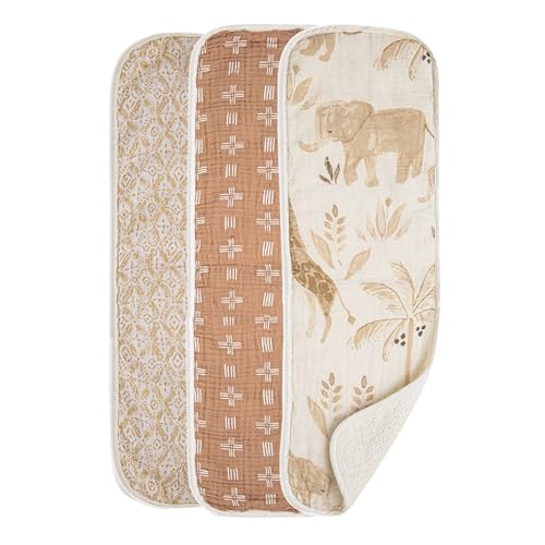 Image of Crane Baby Muslin Baby Burp Cloths Set of 3, Safari Animal Print, 100% Cotton, Absorbent, Lightweight, 7"X20", Baby Newborn Essentials, Safari Baby Stuff