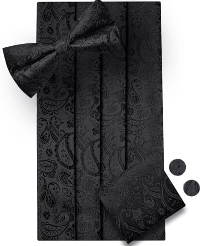 Image of Dubulle Mens Cummerbund and Bow Tie Set Paisley Floral Pretied Bowties for Men Pocket Square Cufflinks Wedding Business