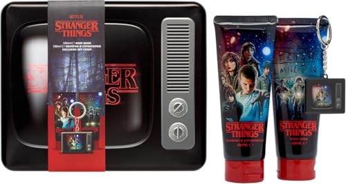 Stranger Things Gift Set – Retro TV Tin Box with Body Wash 100ml, Shampoo & Conditioner 100ml, and Exclusive Keychain – Collectible Merchandise