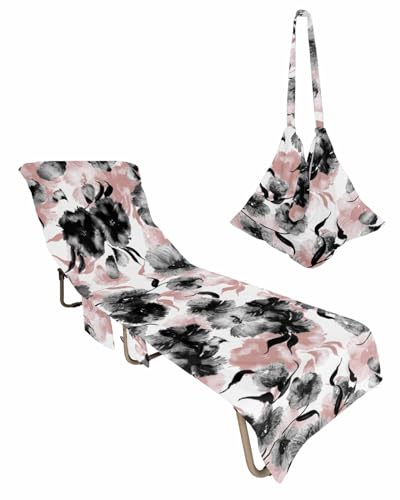 Red Botanical Beach Lounge Chair Towel Cover, Soft Chaise Lounge Towel with Side Pockets Patio Pool Chairs Cover for Beach/Pool Sunbathing 29x85 Watercolor Black Spring Summer Floral Elegant