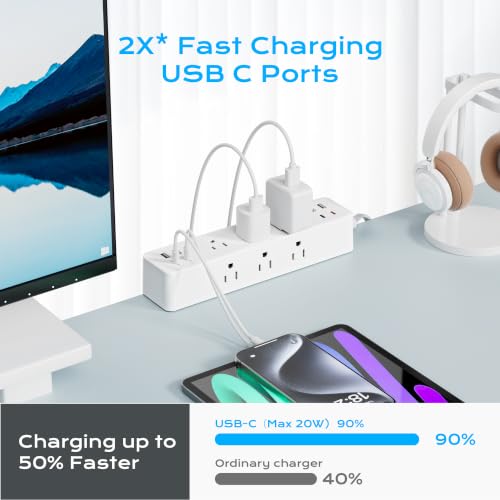 Image of Desk Clamp Power Strip 10FT, 40W Total Fast Charging Station | 9 AC Outlets 8 USB Ports(4 USB C),2 PD20W USB C Ports,Flat Plug Extension Cord,Desk Edge Mount, Fit 1.7 inch Tabletop Edge, White