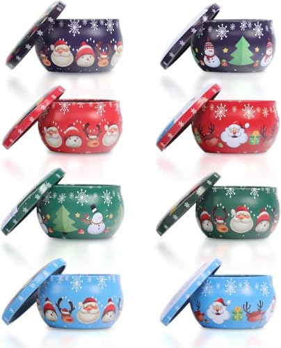 Bougie Pots de Noël, 8 Pot de Bougie Vide, Bougies D'Aromathérapie en Cire de Soja Parfumée Naturelle, Mini Pot en Métal avec Couvercle, Bougies Parfumées Cadeau pour Femme