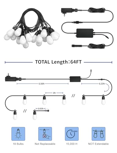 Image of Outdoor String Lights 18 LED Bulbs, 64(52+12) ft RGB+IC+Warm White | APP Control with Remote,Outdoor Lights Music Sync for Garden Party Decor Christmas, NOT Extendable