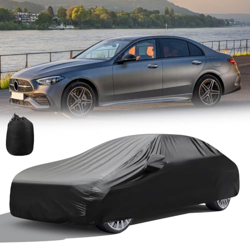 Image of BHIEE Car Cover Waterproof Soft Stretch Full Cover All Weather Protection for Indoor and Outdoor, Underground Garage, Car Showroom, Black, Fit up to 193 inch-208 inch