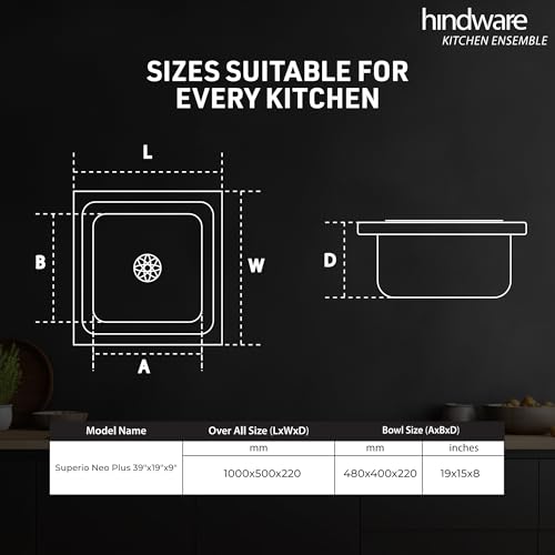 Image of Hindware Kitchen Sink 39.4 inchx19.7 inchx8.6 inch |304 Grade Stainless Steel|Handmade Single Bowl Sink with Accessories includes- Soap Dispanser, Pullout Faucet, Bottle Trap Connector & Chopping Board (Rodrigo)