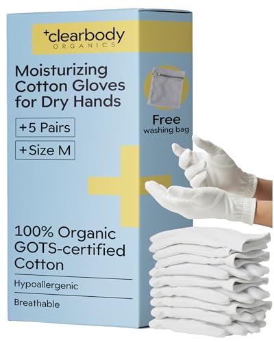 Condition photo showing Good Condition for Clearbody Organics 100% Organic Cotton Gloves - 5 Pairs, Medium, White - Overnight Moisturizing White Gloves for Dry Hands