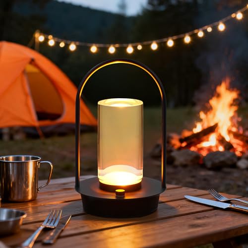 VIMAZ Rechargeable Cordless Table Lamp for Outdoor Indoor,3 Color Dimmable Portable Black LED Touch Lamp,4000mAh Battery Operated Lamp,Waterproof Crystal Lantern Lamp for Camping Patio Shower Bar