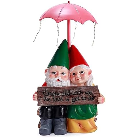 MIBUNG 13" H Grow Old with Me Mr and Mrs Gnome Couple Statue, Large Romantic Garden Gnome Lovers with Solar String Lights Umbrella,Outdoor Patio Lawn Yard Wedding Party Decor Valentines Day Gift Cover