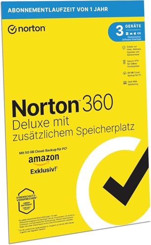 Norton 360 Deluxe mit extragroßer Backup-Kapazität – Amazon Exklusiv* 25GB zusätzlicher Cloud-Backup Speicher. Antivirus Software für 3 Geräte und einem Jahr Laufzeit