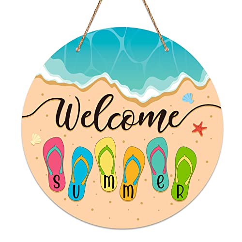 Facraft Hello Summer Door Signs 11.3" Summer Slippers Hanging Sign Summer Welcome Sign Plaque Rustic Welcome Summer Beach Decor Sign For Front Door Farmhouse Wall Porch Indoor Outdoor Decorations #TOP19