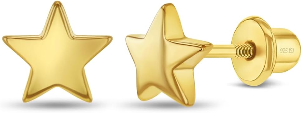 Yellow Gold Plated Sterling Silver Little Star Shaped Screw Back Earrings For Little Girls, Safety Screw Back Locking for Babies, Toddlers & Young Girls