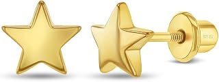 Yellow Gold Plated Sterling Silver Little Star Shaped Screw Back Earrings For Little Girls, Safety Screw Back Locking for Babies, Toddlers & Young Girls