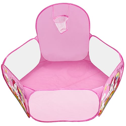 Piscina de Bolinhas Infantil Rosa Unicórnio e 100 Bolinhas - Dobrável Portátil com Cesta para Crianç