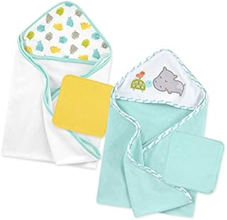 Just Born Boys and Girls Newborn Infant Baby Toddler Bath Baby Hooded Towel and Washcloth 4-Pack, Grey/Green/Hippo, One Size
