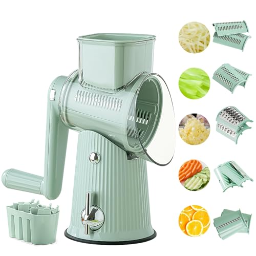 AVEKI 5 in 1 Cheese Grater with Blade Storage Box, Rotary Hand Crank Food Chopper with 5 Group Stainless Blades, Manual Food Grater for Cutting Fruits & Vegetable, Kitchen Essentials (Green)
