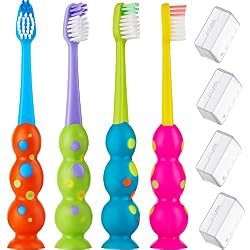 Four colorful traditional toddler toothbrushes with silicone stands and caps for toothbrush heads