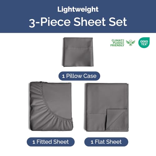 Image of Lightweight 3 Piece College Dorm Sheets Twin XL Size - Cooling Sheets for Hot Sleepers - Ultra-Soft, Breathable Bedding Set with 8-16 Inch Deep Pockets - 1 Flat & 1 Fitted & 1 Pillowcase - Dark Grey