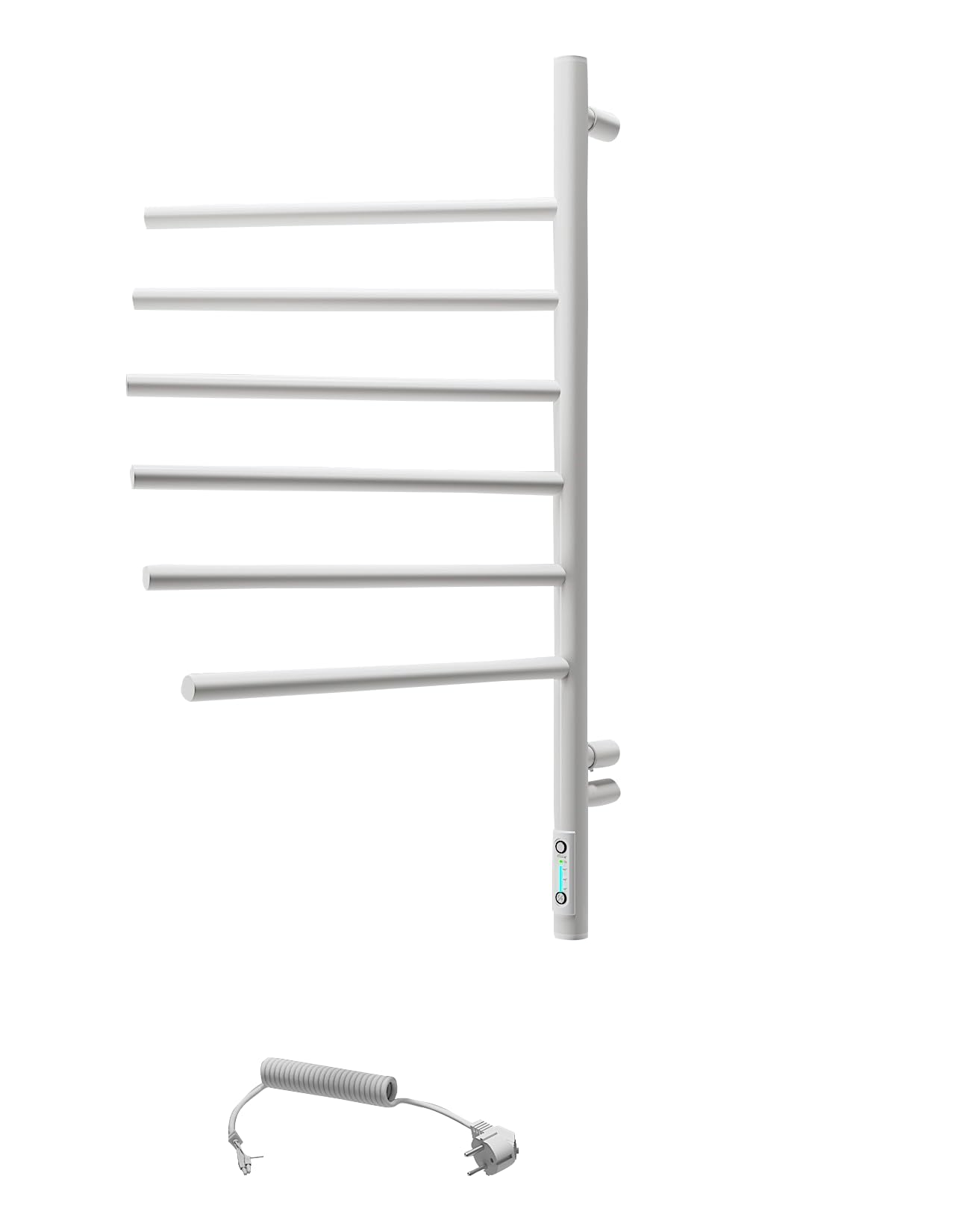 Elektryczny grzejnik na ręczniki 79x40 cm – Biały – 6 ramion obrotowych – 78W – Termostat i Timer – IP44 – Design do łazienki – Stal węglowa