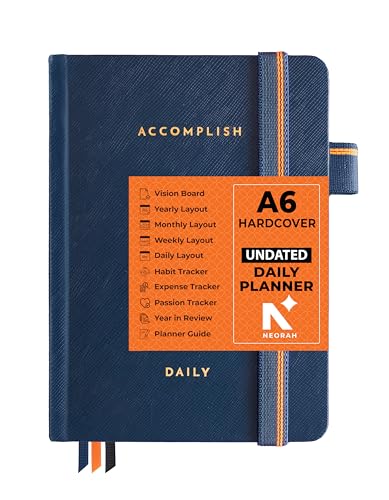 NEORAH-ACCOMPLISH A6 UNDATED Daily Planner 2027|512 Pages|Full Year 365-Day Productivity Planner|24-Hour Timeblocking|12 Monthly•52 Weekly•12 Habit & Budget|Hardcover [Penloop Attachable]SARGASSO BLUE