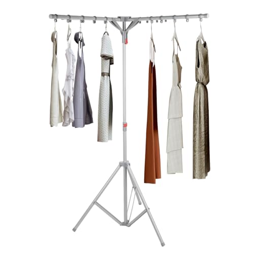 BAOYOUNI Collapsible Clothes Drying Rack Folding Garment Stand Coat Hanger Laundry Pole Portable Indoor Outdoor Airer, Height Adjustable - Silver Gray
