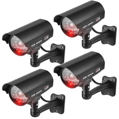 GOMETY Cámara de seguridad para exteriores, falsa cámara de seguridad con LED intermitente rojo, cámara de vigilancia falsa para exteriores, cámara falsa CCTV, cámara de seguridad para interiores y