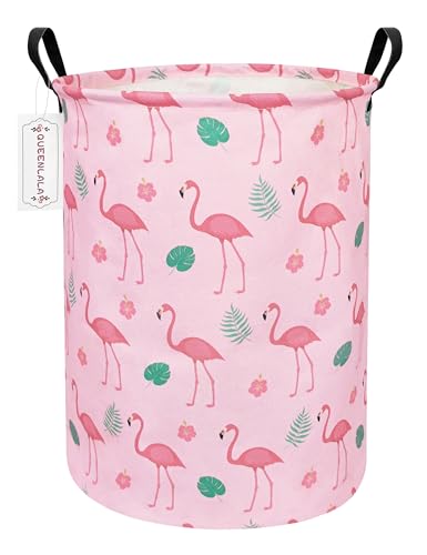 Image of QUEENLALA Large Storage Basket,Laundry Hamper/Bathroom/Home Decor/Collapsible Round Storage Bin,Boys and Girls Hamper/Boxes/Clothing(Round-Pink Flamingo)