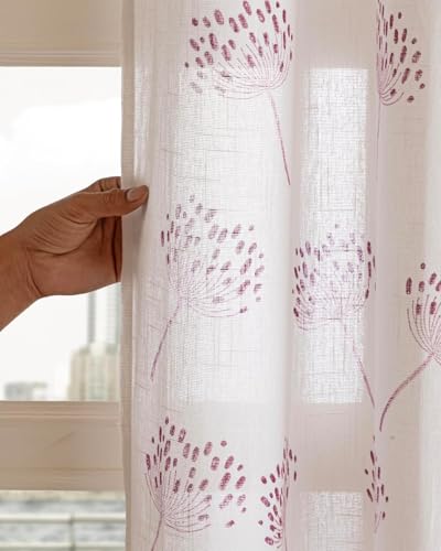 Image of THE LINEN COMPANY Cotton Solid Sheer Door Curtain with Steel Grommet Rings, 4.5 Ft X 7 Ft, Wine Dandelions, Set of 2 Pcs
