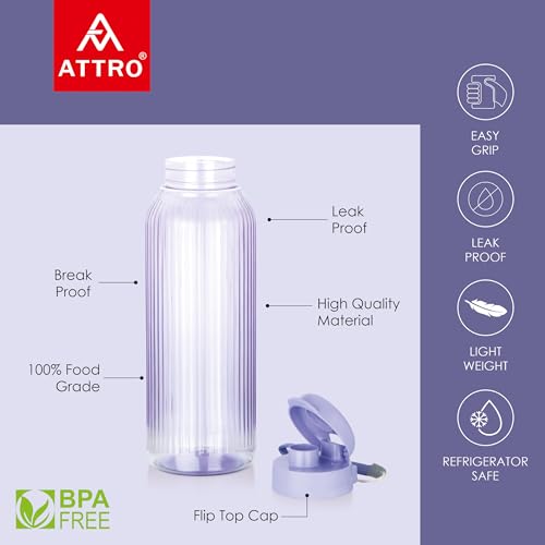 Image of ATTRO Prime Linear Plastic Water Bottle, Leak-Proof- Set of 3-1.5L-Purple
