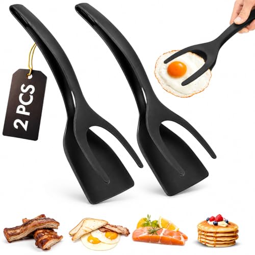 ZONZEST Egg Flipper Spatula Tongs (Set of 2) – Non-Stick 2-in-1 Grip & Flip Kitchen Tongs for Pancakes, Fish, Eggs, and More – Heat Resistant Cooking Tool (Black)
