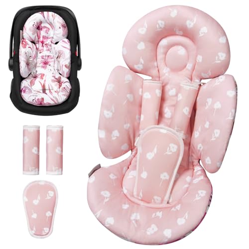Image of TinlyFinly Newborn Car Seat Insert, Head and Body Support, Reversible Infant Insert Compatible with Baby Carseat, Stroller, Mamaroo Swing, Rocker, Bouncer. Baby Car Seat Cushion - Pink Floral