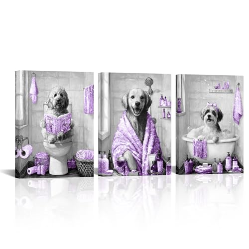 Image of sechars Funny Dogs Bathroom Wall Art Grey and Purple Bath Decor Cute Animal Painting Canvas Print (Purple)