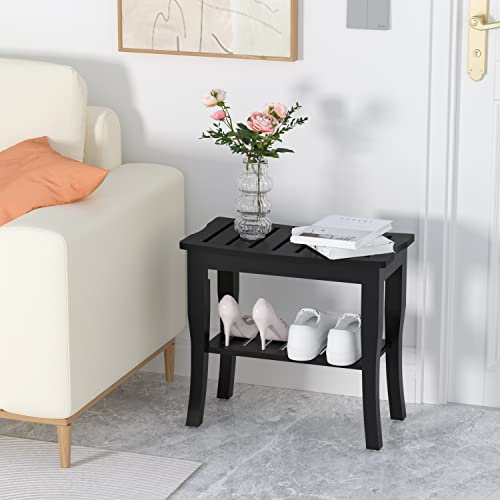 Domax Bamboo Shower Benches For Inside Shower - Bathroom Bench Seat Waterproof Wooden Shower Stool With Storage Shelf For Adults Elderly Seniors Wood Shower Chair For Bathtub Or Small Spaces, Black #TOP4