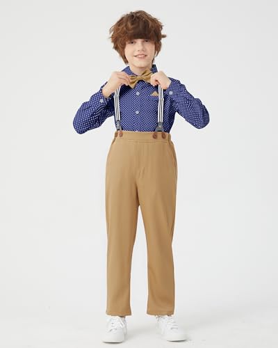 Image of DISAUR Boys Dress Clothes Wedding Ring Bearer Outfit Boy Formal Suits Dress Shirt with Bow Tie +Suspender Pants Set