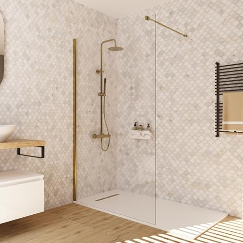 BAIKAL Mampara de Ducha. Panel Fijo de 110cm. Perfil Oro Mate. Cristal Transparente Templado 8mm de espesor. Tratamiento Antical. Alto 195 cm. Brazo adaptable 60-100cm.